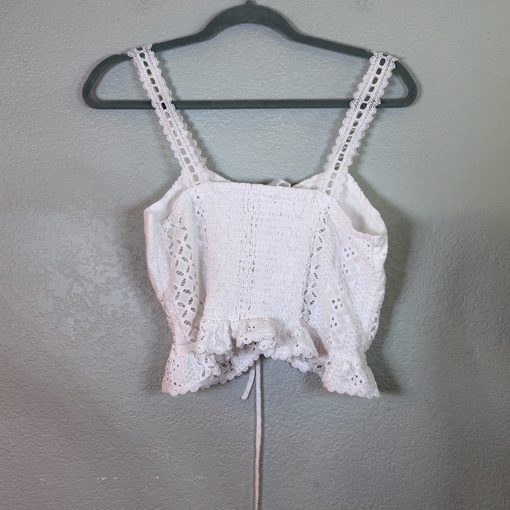 Blenca White Eyelet Sweatheart Neckline Smocked Corset Tie Front Bohemian Top XL - Picture 5 of 8